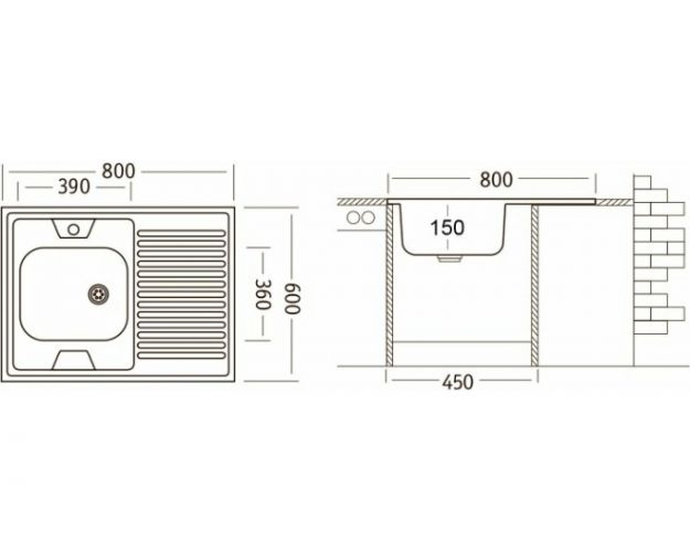 Комплект "Юкинокс" мойка STD800.600-4C 0R, смеситель UM2304, выпуск СКМГ, крепёж КНМ